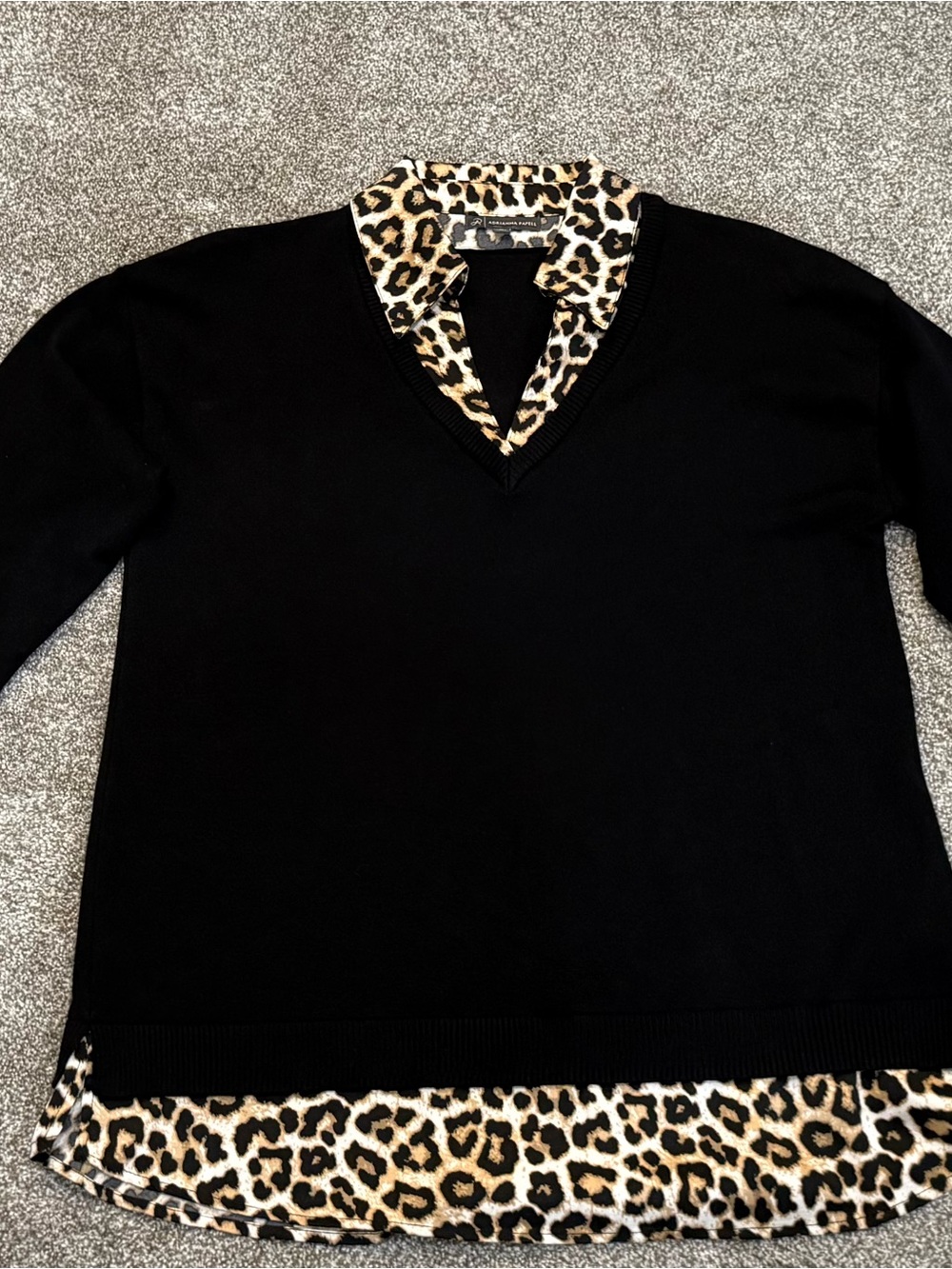 Adrianna Papell Black V-Neck Sweater with Leopard Trim